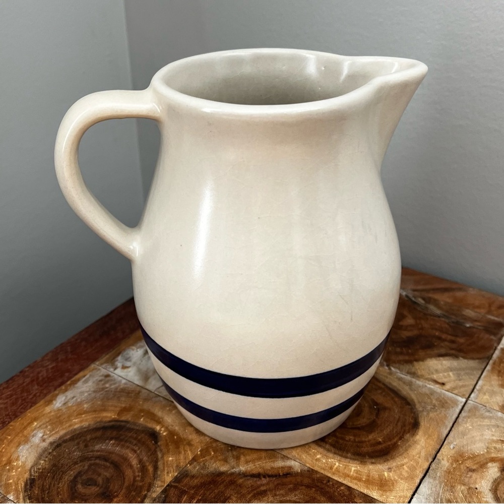 Robinson Ransbottom Roseville Ohio Stoneware 1 Qt Pitcher Cream Blue Stripes